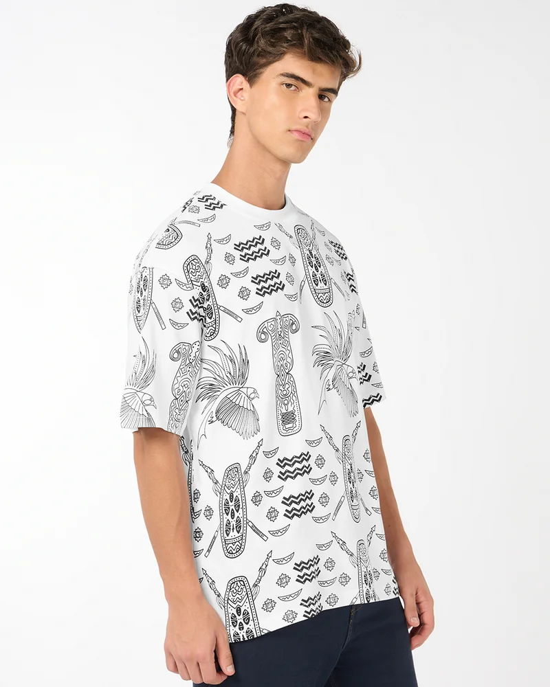 bewakoof Men's Bright White All Over Printed Oversized T-shirt